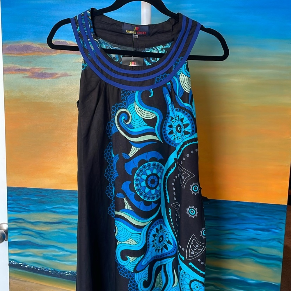 Boho Blue and Black Sleeveless Midi Sundress with Tie back